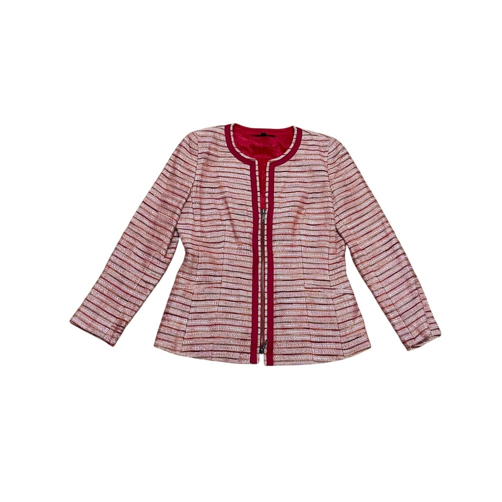 Lafayette 148 Women's 4 Red Orange Striped Tweed Zip Front Lady Jacket Career